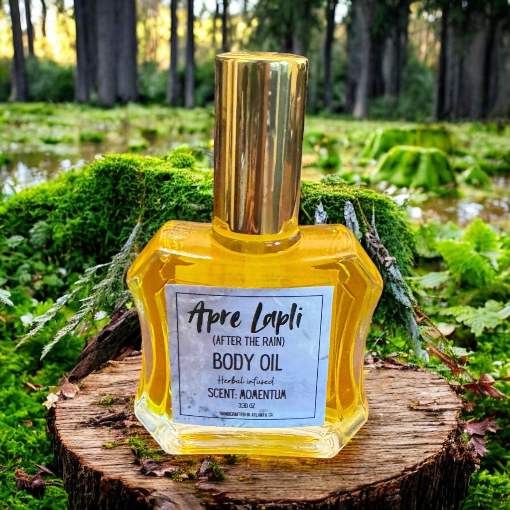 Body oil bottle labeled 'Apre Lapli' on a wooden stump with a forest background