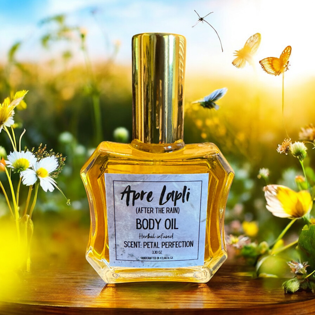 Apre Lapli body oil bottle with a natural background of flowers and butterflies