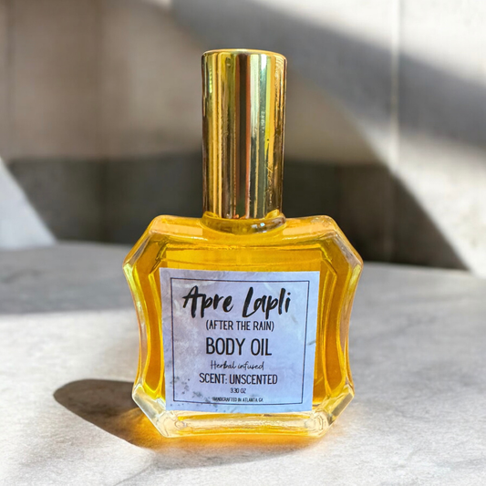 Apre Lapli body oil unscented on a marble counter top